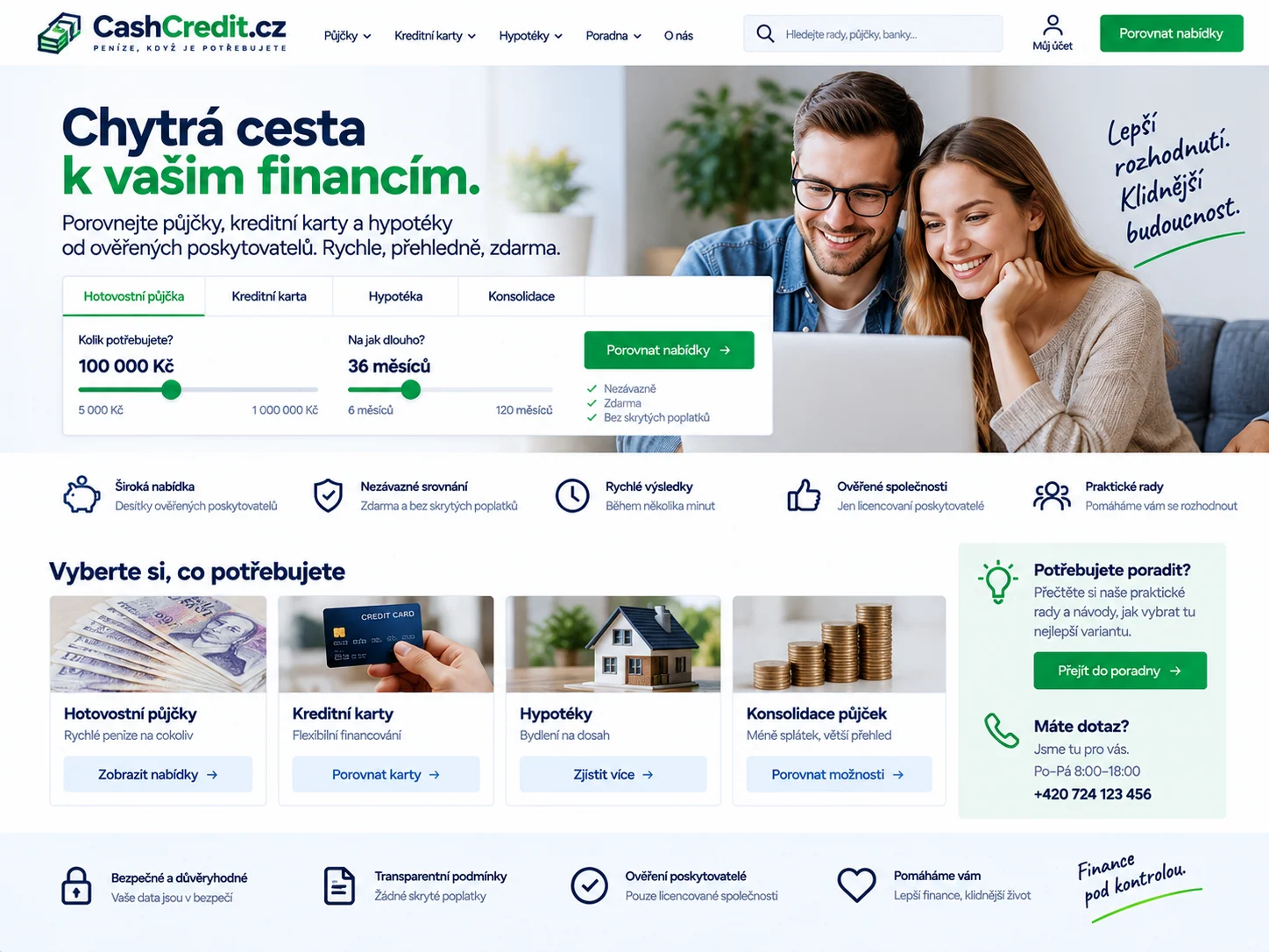 Ilustrační návrh pro CashCredit.cz zaměřený na srovnávání úvěrů a vzdělávání o osobních financích
